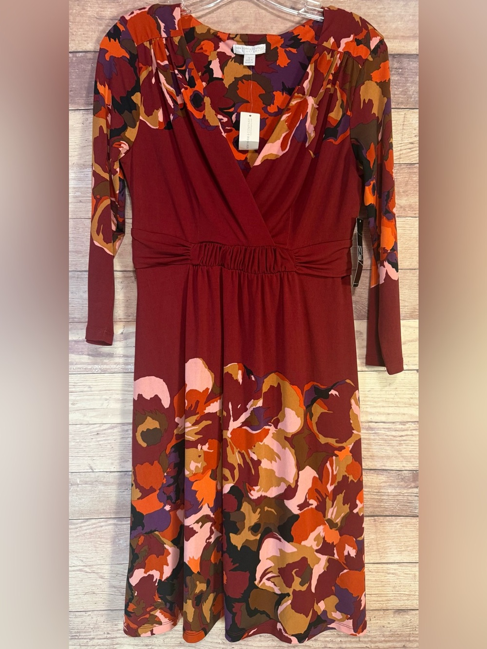 New York & Company Burgundy Floral-Print Long Sleeve Dress